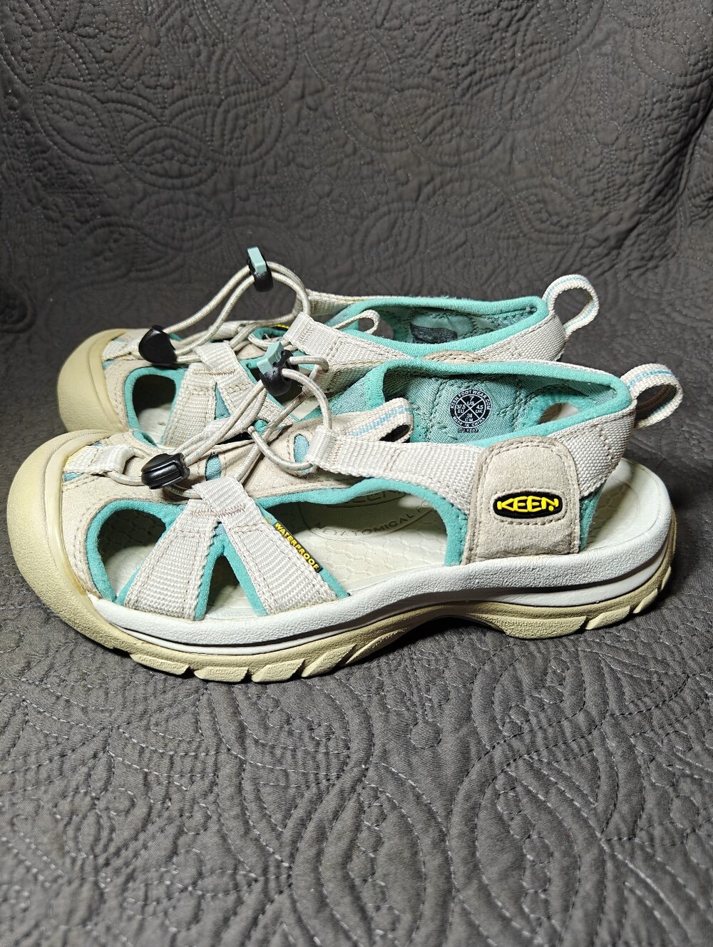 KEEN Women's Newport H2 Beige Teal Slip-On Bungee Outdoor Sandals Size 7